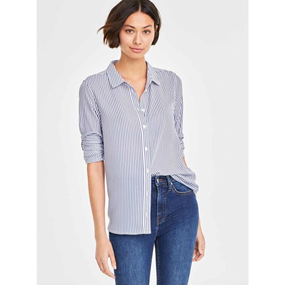 On 34th Women's Button-Front stripped Crepe Shirt Size 3X In Bijou Blue Combo.